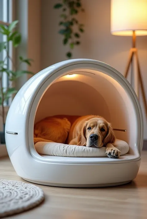  Create me a dog house that applies soothing care for my dog and massages with articulated arms,  the kennel must be a connected dog house inside my house , because I need my dog to be calm to sleep . You have to make me a futuristic dog house with articul...