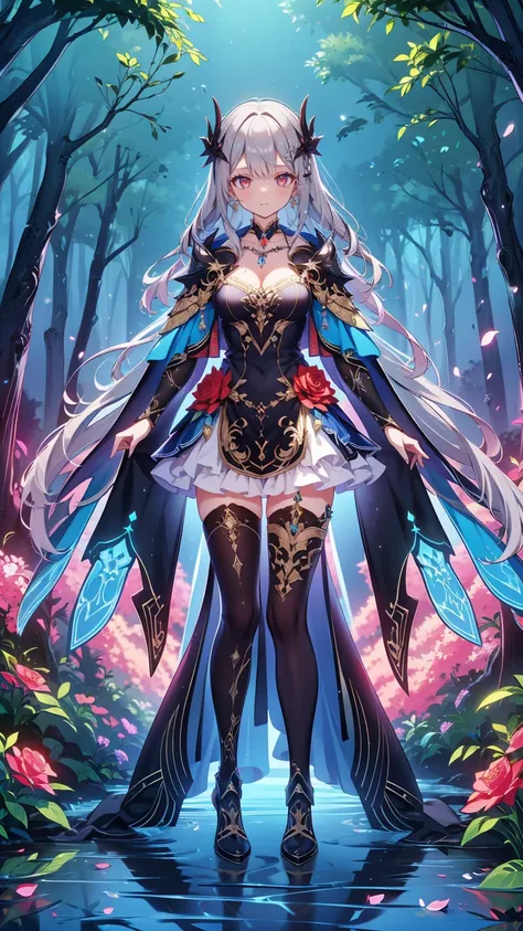 Detailed illustration, ,  pretty face, red eyes,Gray Hair, twin drill , Food Up,Cape, Rose,Put a mask on the , dress, jewelry, Necklaces ,frills,  standing, viewers,Expressionless, forest,  knight ,lake,  cinematic lighting , employment, Volumetric Lightin...