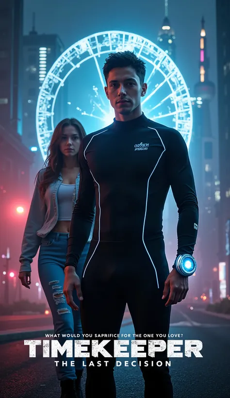 "A cinematic and futuristic poster for a short film titled Timekeeper: The Last Decision. The focus is on two main characters: Arion, an athletic young man in a futuristic black suit with glowing blue lines, standing in the center with a determined express...