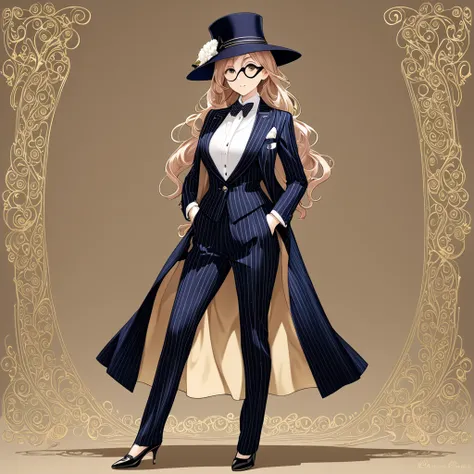 Top quality, full body, woman, ２０Late 20s、enough hair to reach the shoulders、suit, silk hat、 monocle