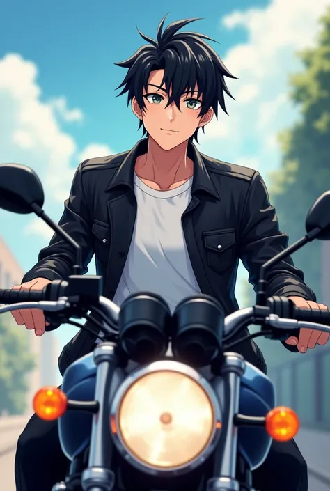 anime、 handsome、 is cool、cool、 kind、smile、 black hair、 sidecut、 white skin、Shiny Hair、Smooth skin、Black Helmet、 black leather jacket 、 white t-shirt 、 black pants、 from the front、Yamaha FJR1300 、 riding a sports motorcycle、 driving nicely 