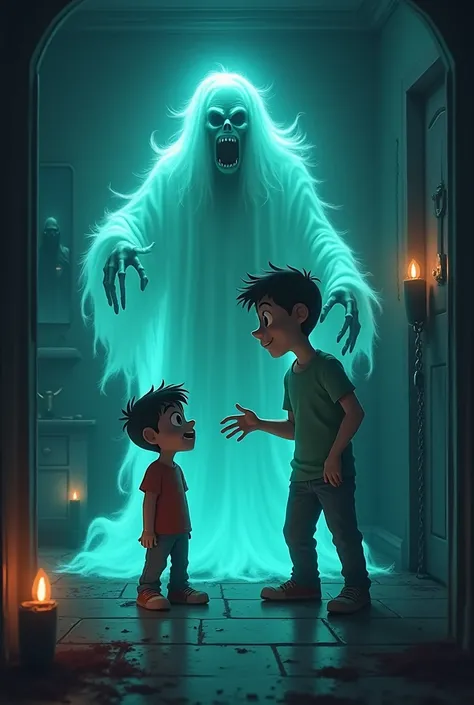 Generate in image 3d cartoon style 
Prompt: A ghostly, menacing figure in a dark room, pointing towards a chained man and warning a young man with an eerie glow surrounding it.