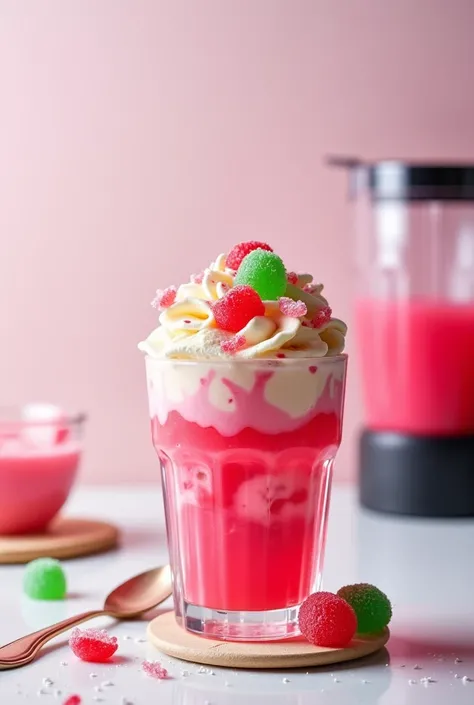 pink rayal Falooda with   juice glass .some ice cream scoops on the falooda and shebart syrap topping on it.
Red jelly pices and green jelly pices in the falooda.commercial blender jar behind the background.light background