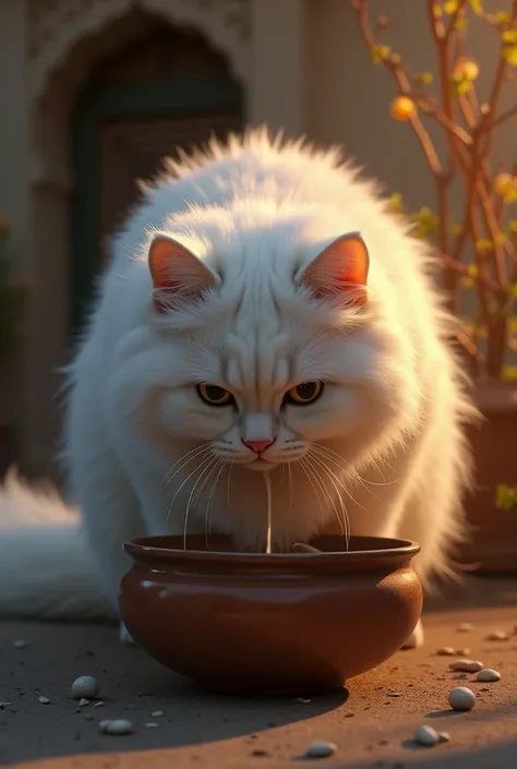 (photorealism:1.2),  1 thick hairy persian cat white color,  drinking water from earthenware ceramic bowl , butut arab house wall background set , the night, image in zoom close up , cinematic.