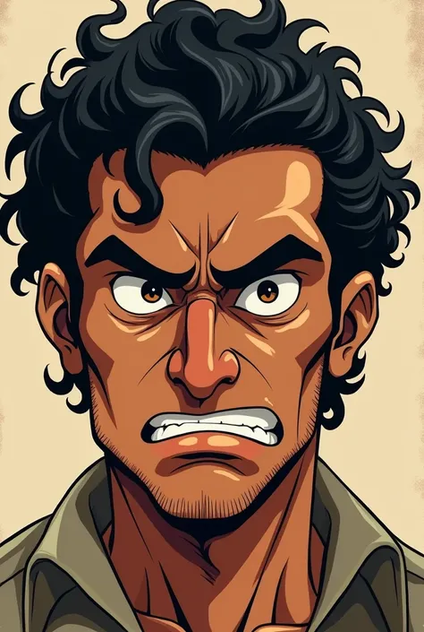 Anime man mangas Brown skin curly hair look like angry face long nose liké india man