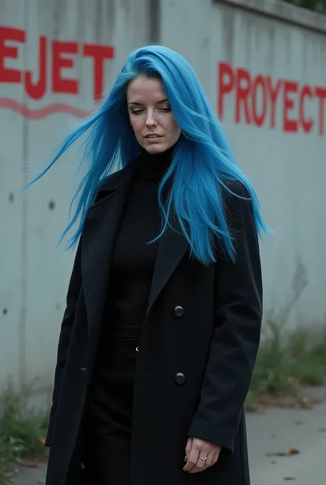 A beautiful German woman with avant-garde blue long hair,  dressed in a black overcoat ,  moves calmly forward ,  a light breeze moves her hair slightly ,  in the background a concrete wall with the words : “EJET PROYECT” ,  painted in red .  Watch out tha...