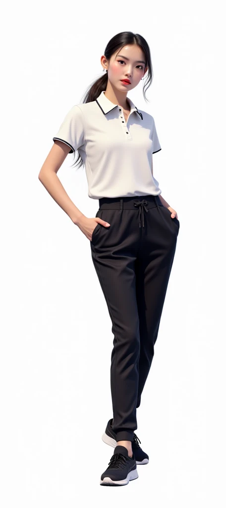 sport White polo-T-shirt collar neck, short sleeve, black sport trouser, real people, black shoes, Asian teenager, beautiful girl
