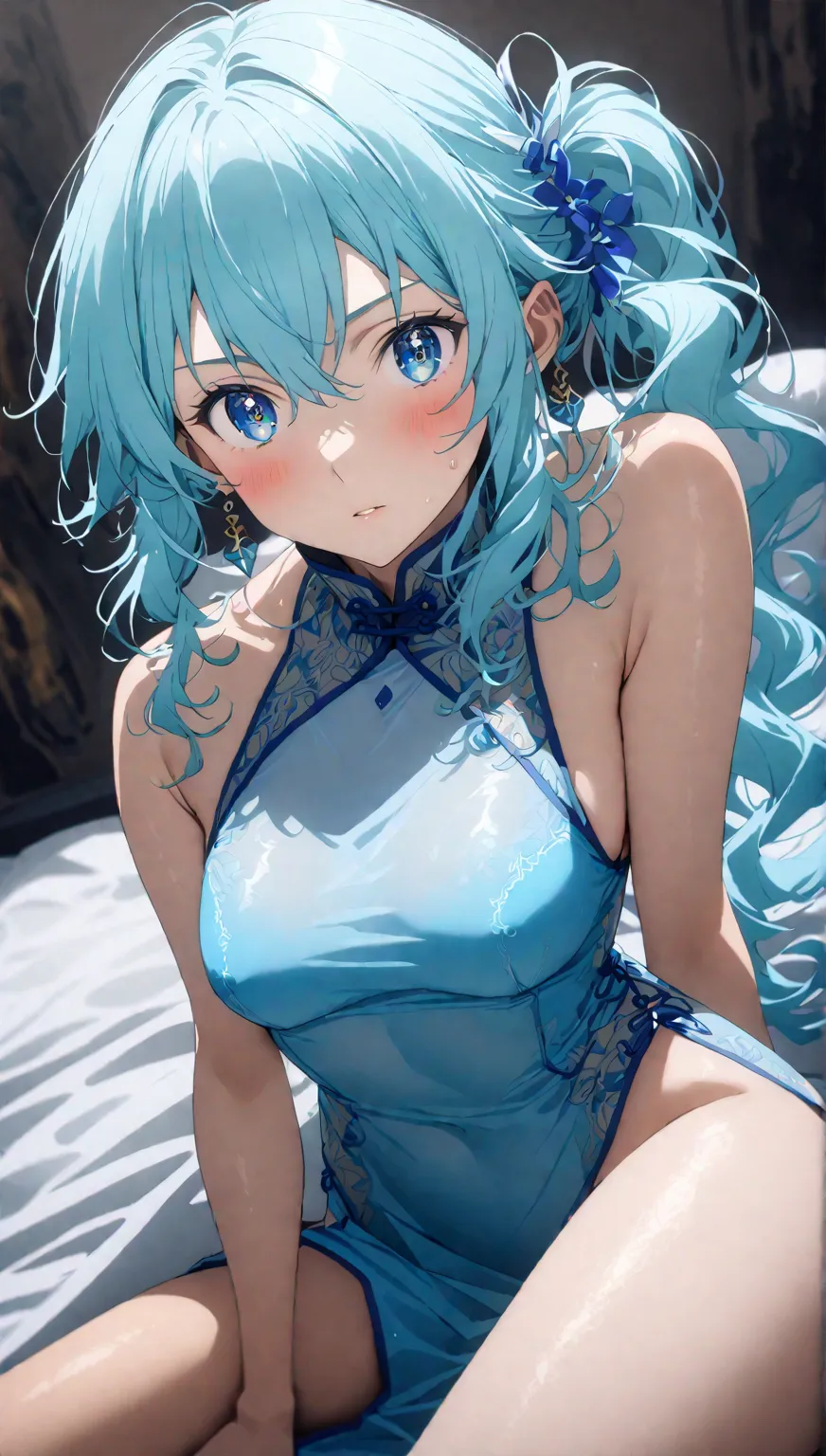 (  ultra high resolution,   best quality、  Detailed Details ),   textured skin、whole body、Women around 20 years old 、 one woman, Shino Asaada、((  light blue shortcuts))、  side ponytail、Shiny Hair、  blue eyes、Sparkling Eyes、Glamorous eyes、  small breasts、  ...