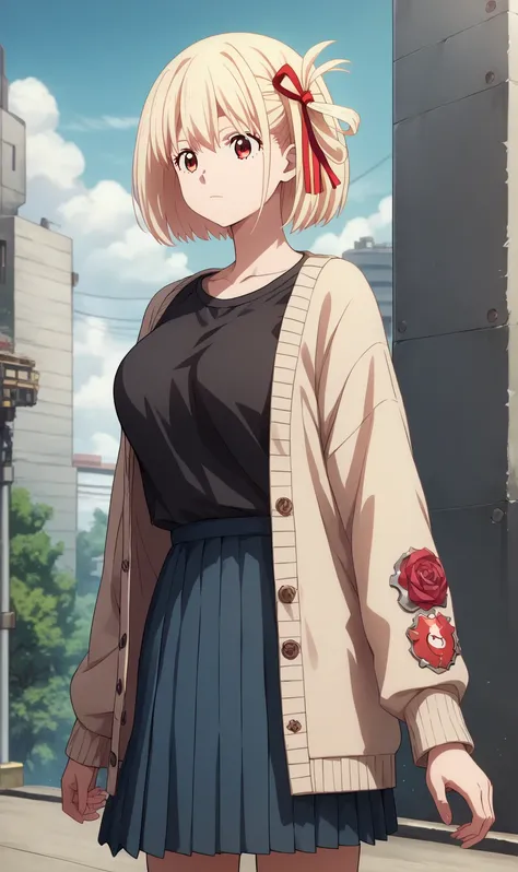 chisato nishikigi, short hair, bangs, blonde hair, red eyes, hair ribbon, one side up, bob cut, large breast, black t-shirt, long cardigan, light cardigan, wrap skirt, outdoor, residential area, solo, (masterpiece, best quality, high resolution, ultra-deta...