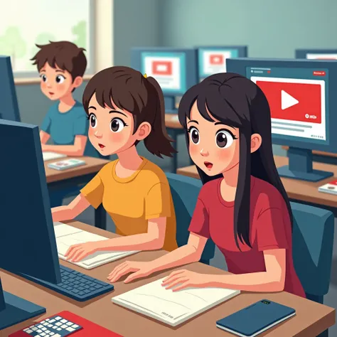 drawing a picture of students using youtube to practice listening to english with youtube images on a computer