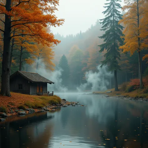 far away，autumn，A large area of forest， full of woods ，Picturesque ，There is a lake nearby ， There is a cottage on the other side of the lake，Smoking smoke
