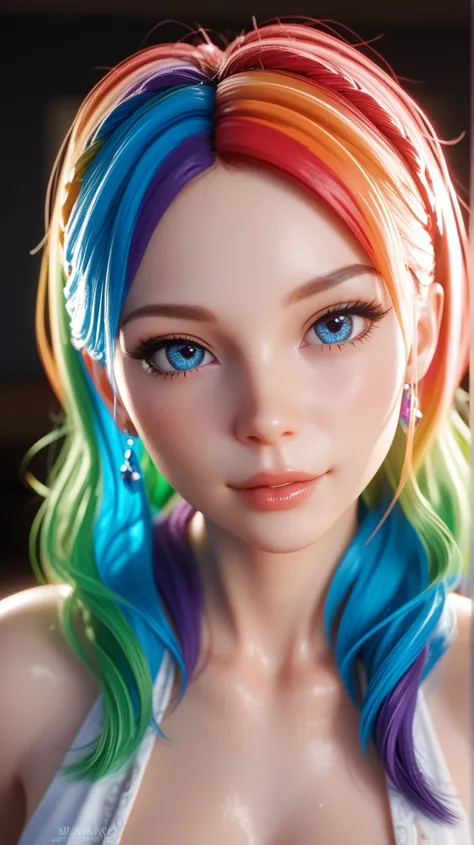  girl  , nion , 4K 1080, 3d,  rainbow hair,  looks at the viewer ,  blue eyes,  Backlight, в полный рост, худая, длинные волосы