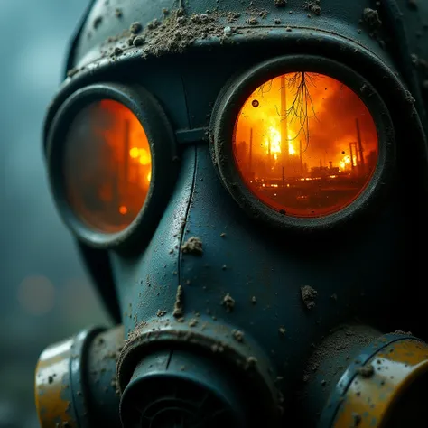 A close-up shot of a Chernobyl liquidators gas mask, filling the frame with gritty, realistic detail. The mask is worn and authentic, modeled after Soviet-era designs with rounded lenses, thick rubber seals, and heavy straps, covered in ash and grime from ...