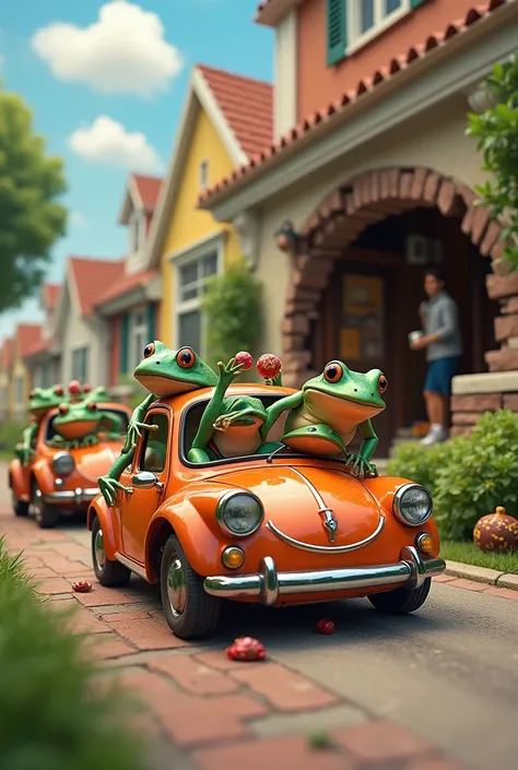 Frogs eat candy and then have frogs drive their cars through the front of the house on the street.