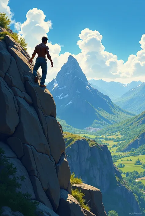 a black man climbing to the top of a mountain, blue sky with beautiful landscape and a bright light in the background an illustrator art