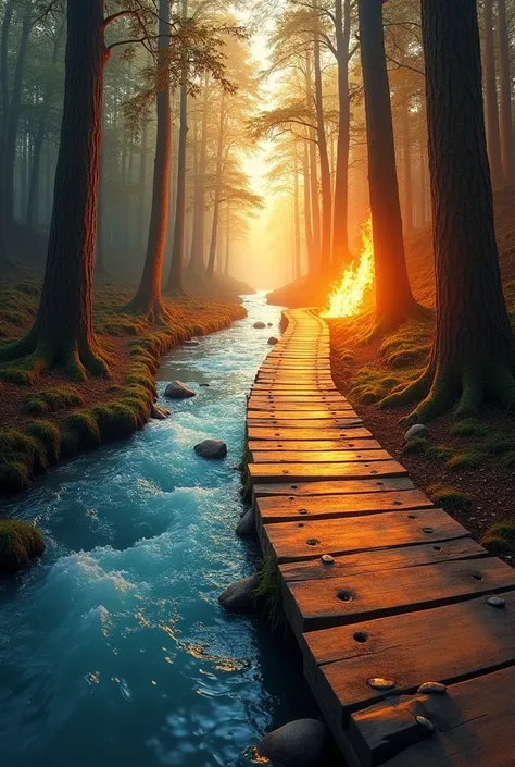  On the sunny wooden path ,  Clara on her left side passes through a river of crystal clear water,  refreshing and safe .  while on her right side on the dark wooden path , Clara would have found a fire burning ,  with flames that consume everything in its...