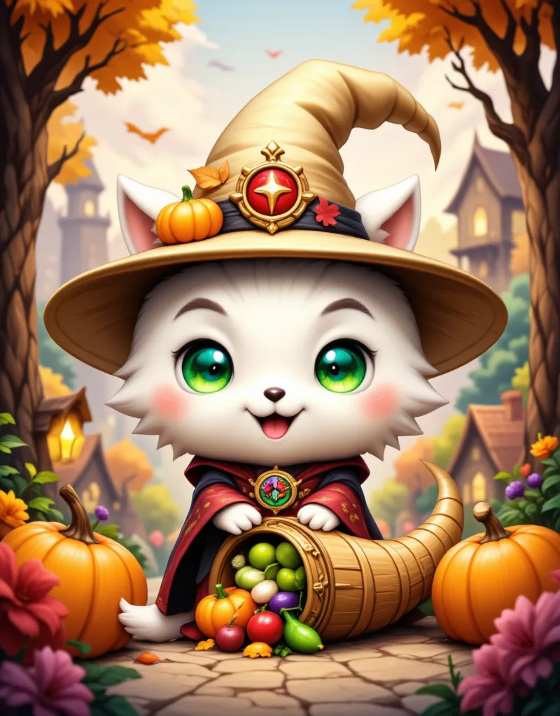  A cute chibi-style magic card design of a white wolf wizard with cheerful emerald eyes, wearing an ornate cone hat adorned with autumn leaves and miniature pumpkins, and patchwork elegant mage robe. He's holding an intricately carved wooden cornucopia overflowing with cartoonish autumn vegetables and berries. The wolf is beaming with gratitude. The background is a simple autumnal scene with warm-toned colors, featuring a cozy quant village nestled amongst colorful trees. The overall style should be charming and endearing.