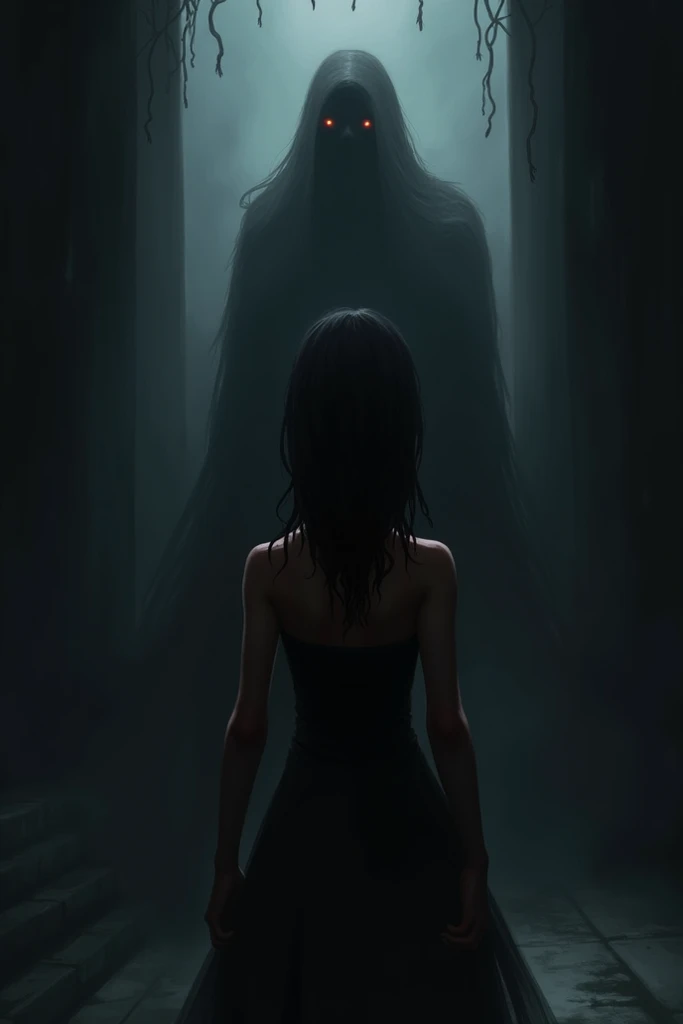 Riya turned around and saw a vague black shadow standing behind her. Drops of blood were falling from its eyes.