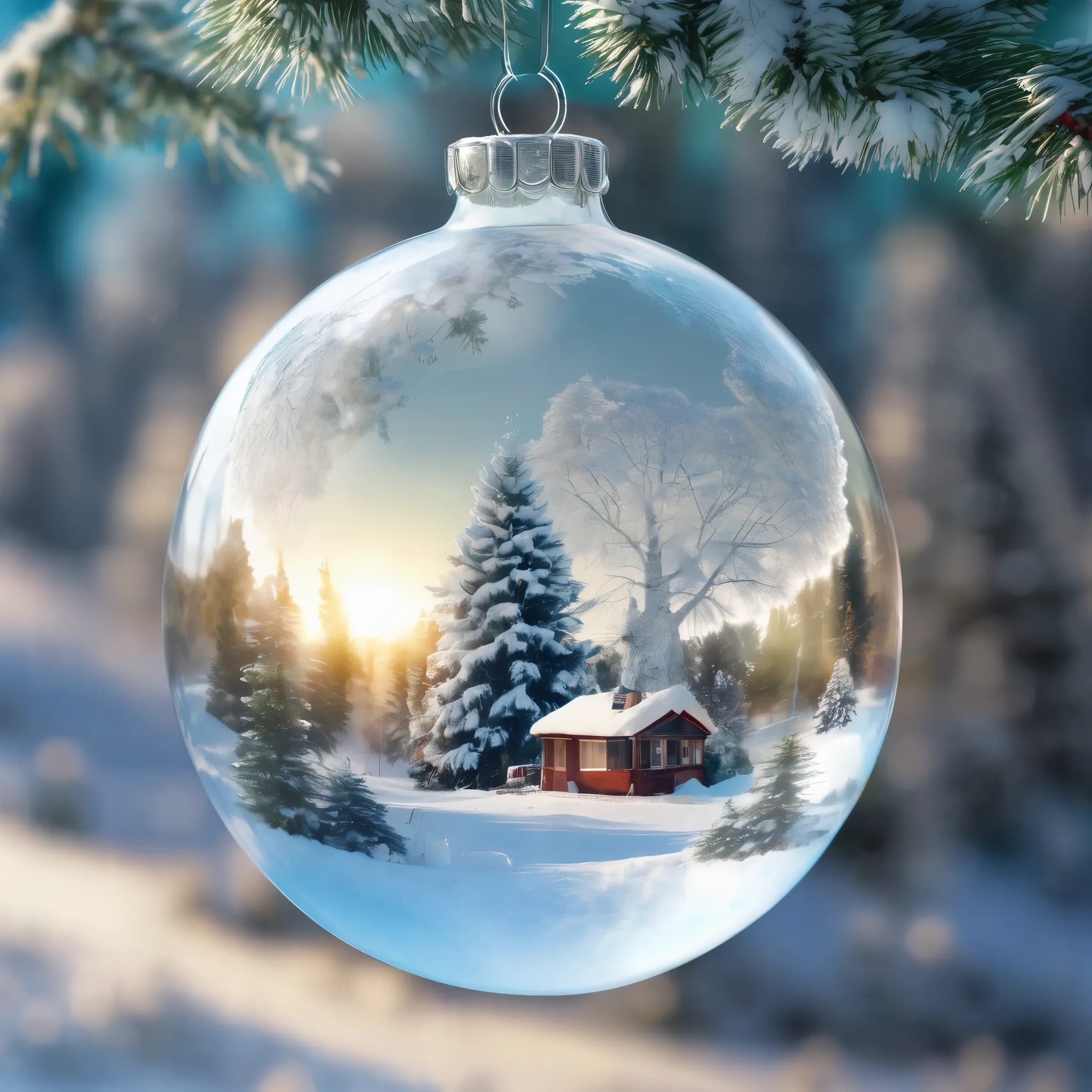 A double exposure photo image combining a small magical winter country with snow and a glass ball, a glass ball hanging on a branch of a winter fir tree, inside the glass ball is Santa Claus with his own details finely inscribed in a glass ball, clear focus, great depth of field, double exposure, hyperrealism, Extremely detailed, with ray tracing, Cinematic, HDR, Photorealistic (Double Exposure:1.1)