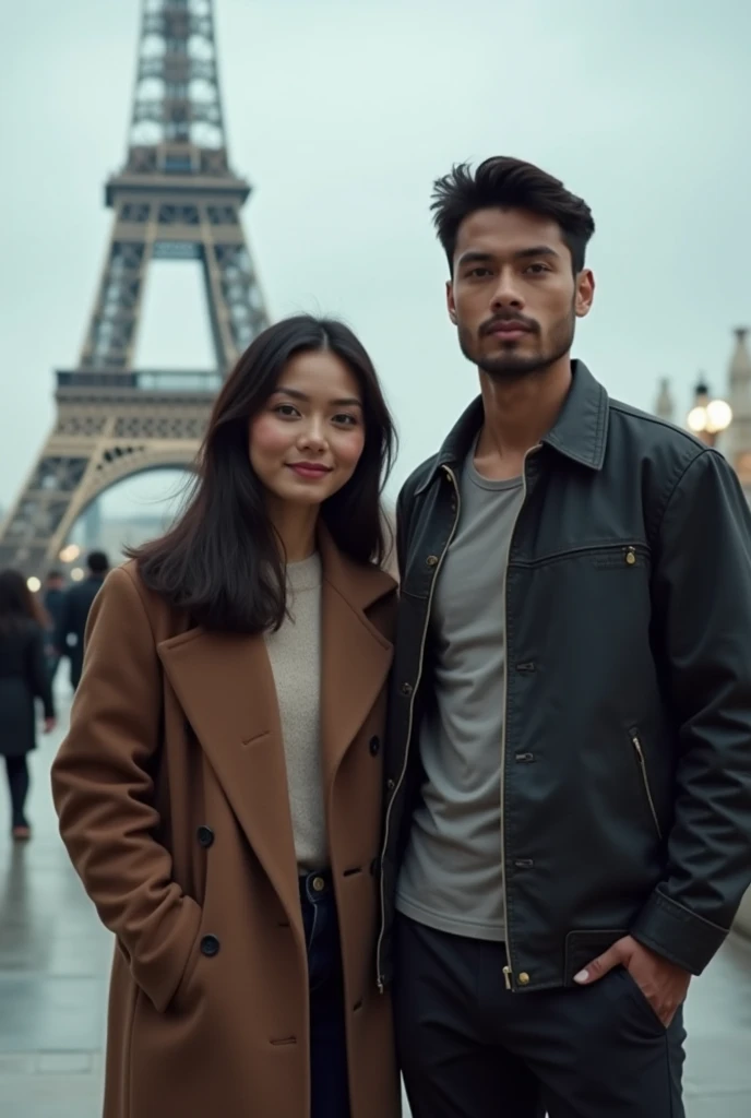 Handsome 26 year old Indonesian man with olive skin, clean face, short black hair. Wearing a t-shirt and jacket, wearing trousers and shoes. standing with a 26 year old woman with fair skin, slightly body fat and long hair. The streets of Paris and the Eif...