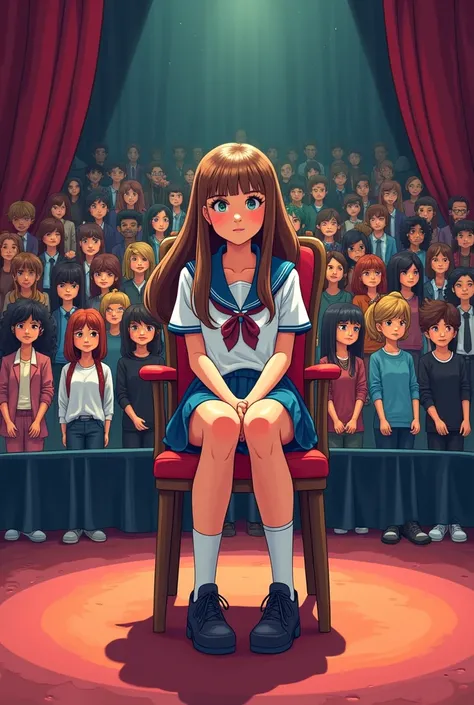 cartoon of teenage girl using school uniform , he sat in the chair ,  against background of many people watching it under stage. he has long haired brown hair . 