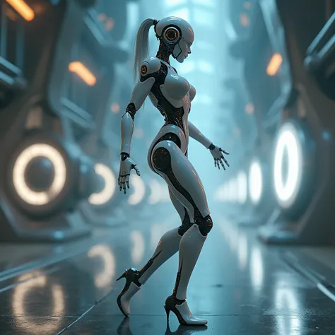 female Dancing robot, White Robot, Futuristic, sci-fi, high light. blurred background, circles of light, holograms, Neon strobe light