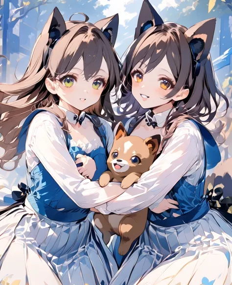 A cool and beautiful girl with black cat ears and a cute girl with brown dog ears are hugging each other。