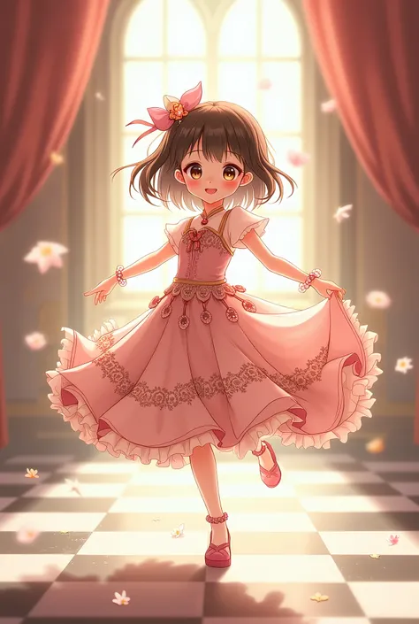 a girl in a dress is dancing on a checkered floor, cute anime waifu in a nice dress, zun, loli in dress, style of madhouse anime, artistic render of reimu hakurei, sakura kinomoto, wlop loish and clamp style, official art, sakura from cardcaptor sakura, ma...