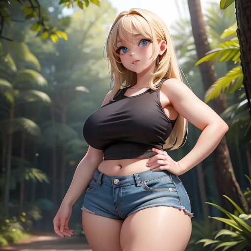 Young blonde,  wearing tiny denim shorts and a tiny tight top,  posing for a photo in the forest , (( and smooth and straight )), big body,  thick hips ,  very thick legs ,  fat and puffy thighs , very pale skin, slot machines