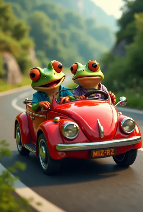 A frog drives a red car with another frog riding behind a driving frog with a blue-shirted  sitting next to it.