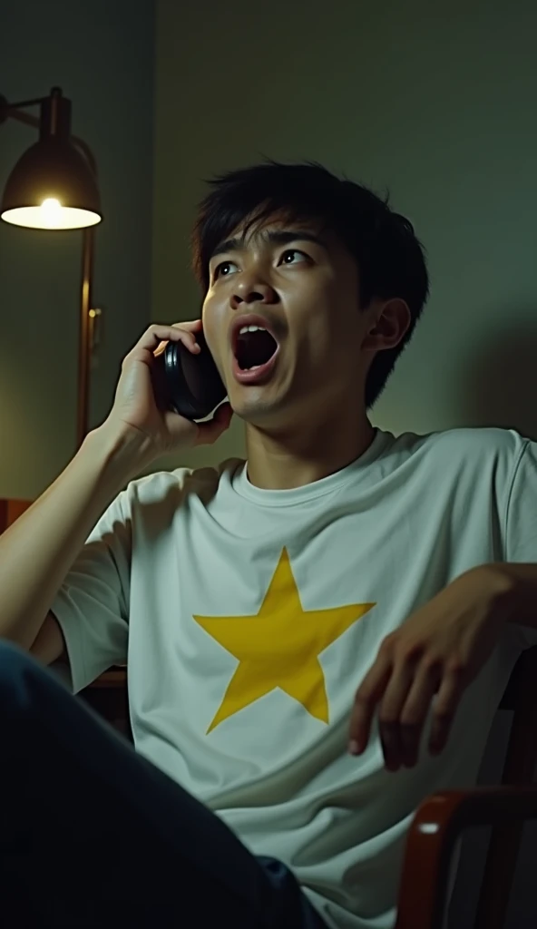 Image of a 20 year old Vietnamese man, wearing a white T-shirt with a yellow star on it, his face sad, worried and extremely scared, eyes wide open, mouth wide open, sitting on a chair in a small room, his head turned back, one hand holding the phone to hi...