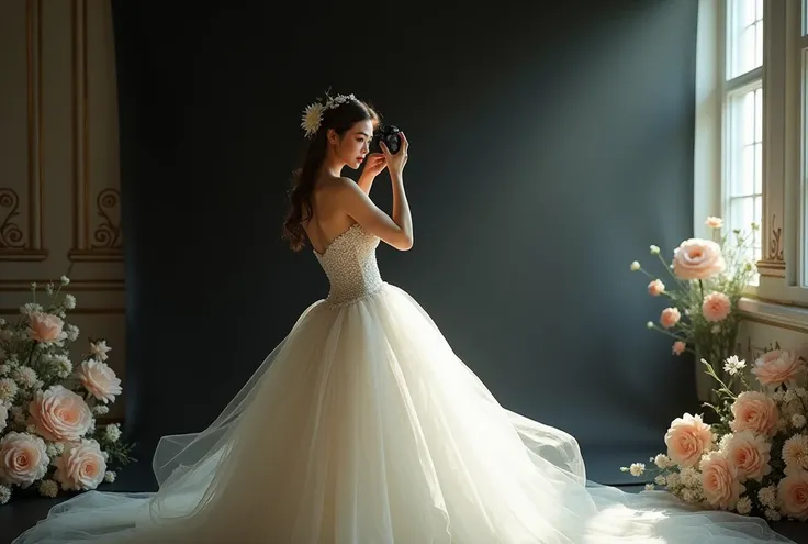 Image of a beautiful girl taking pictures in a magical white wedding dress, studio lighting, super realistic, lightly made-up face, light from the window, decorative flowers, impressive black background