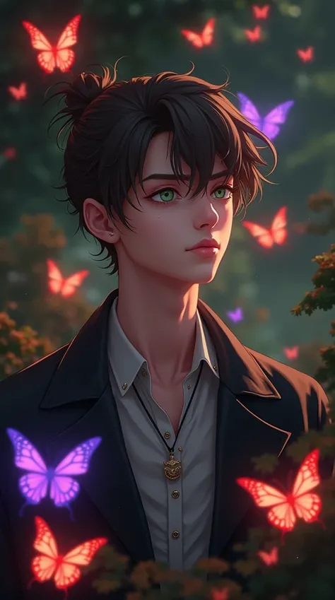 A young guy with brown hair in a bun. Green eyes. He is wearing a black jacket. Red and purple butterflies are flying nearby. 4k