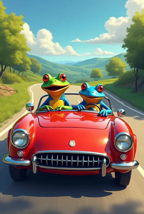 Two colored frogs driving a red car