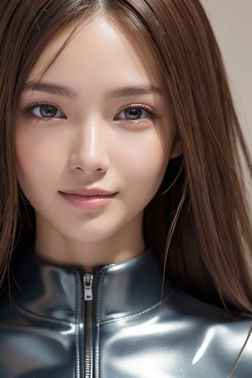 One girl is wearing a printed latex bodysuit、 face close-up、 Shinyプリントスーツ, Shinyプリントスーツ、Knee-high boots、 face close-up、
Huge 、Long brown hair、Shiny, Oily skin、  growing skin  、 white skin、Flying debris,  best quality , Realistic,     very detailed , finely...