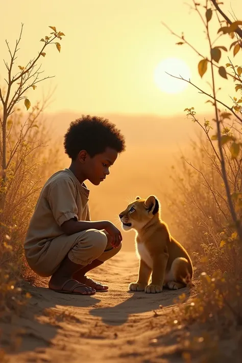 "A young boy in a small village near a golden savanna discovers a lion cub tangled in brambles. The boy, wearing simple clothes, crouches gently beside the cub with concern on his face. The cub, with soft golden fur and wide, timid eyes, lies helplessly am...