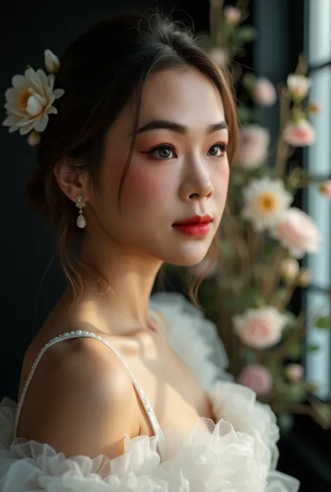 close-up shot Image of a beautiful girl taking pictures in a magical white wedding dress, studio lighting, super realistic, lightly made-up face, light from the window, decorative flowers, impressive black background
