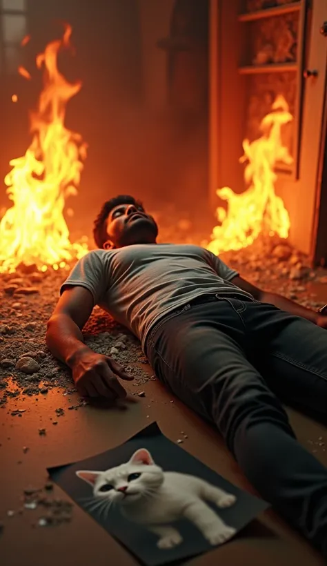 In cinematic 3D style, HD image ,realistic image ,colourful image.
Character, 30 year indian young man wearing grey t-shirt black jeans. 
Action,There is a huge fire inside the house. A huge photo of a white cat is lying on the ground and a young man is ly...