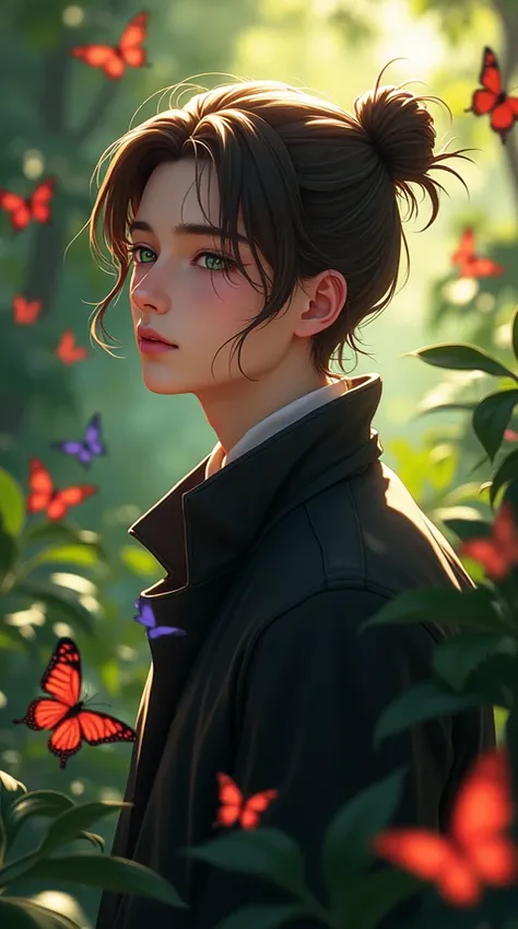 A young guy with brown hair in a bun. Green eyes. He is wearing a black jacket. Red and purple butterflies are flying nearby. 4k