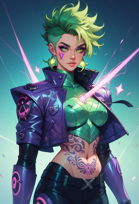 fearless acid knight with spiky lime green hair, glowing purple circuitry tattoos, and a metallic jacket with chaotic acid symbols, waist-up, surrounded by bright flowing gradients