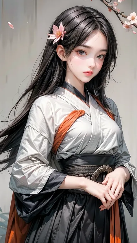 1girl, black straight hair, full bang hair, small breast, grey and orange tectical tech kinono, Harness, samurai armor, Mechanical, OL, flower decoration, cherry blossom, toist motif(0.5), masterpiece, best quality, Perfect details, Perfect hands, perfect ...