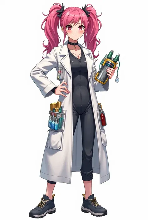 "A full-body illustration of a confident, young female scientist inspired by the anime Dr. Stone and the character Madoka. She has long, vibrant pink hair styled in two high ponytails with slightly messy strands, exuding a quirky yet brilliant personality....