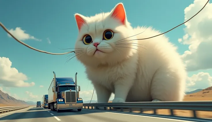 Subject: The cat has exaggerated features like large, round eyes and soft fur, creating a whimsical and playful tone. Its size is absurdly disproportionate, emphasizing its fantasy nature.


2. Setting: The scene is set on a highway during what seems to be...