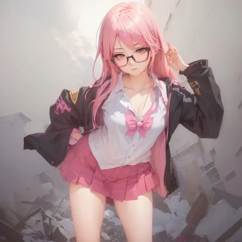 anime girl with pink hair and glasses posing for a picture, artwork in the style of guweiz, anime moe artstyle, smooth anime cg art, beautiful anime high school girl, young anime girl, seductive anime girl, cute anime girl, guweiz, anime girl, guweiz on pi...