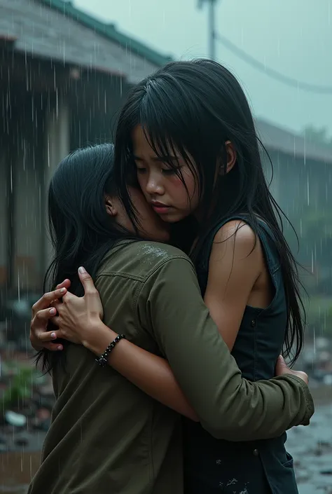  Realistic scene of a rainy day with a sad atmosphere .  A poor  Indonesian girl with long black hair tearfully hugs a dying woman on the ground after a earthquake. The injured woman looked distraught .