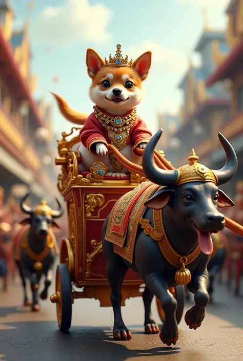 A cute dog wearing as Khmer king ride the royal cart pulling by two royal buffalos with dog soldiers on in Phnom Penh city, Cambodia 