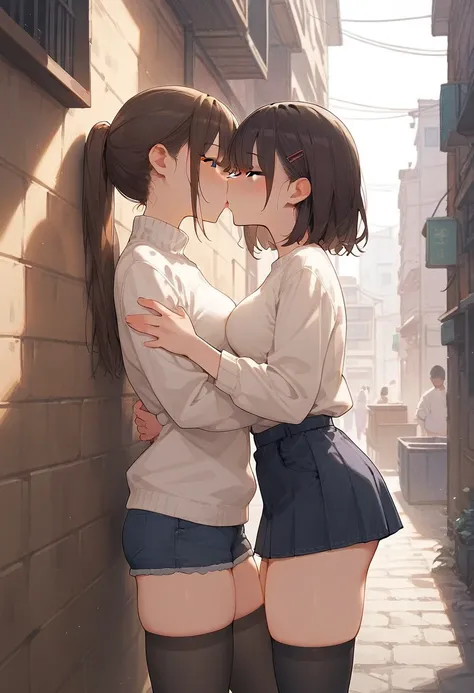 thighhighs,naked,black socks , thigh focus,thick thighs,2girl,dark brown hair,medium hair,medium breasts,blue eyes,parted lips,blush,standing,white sweater,outdoor,navy skirt,slim,from side, side view,long hair,half open eyes,kissing,alley,denim shorts,bar...