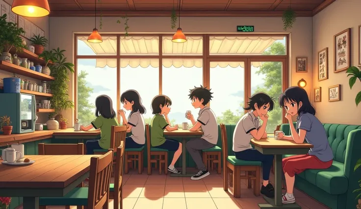 90s anime style, cozy urban cafe interior, soft lighting, pastel colors, hand-drawn look, nostalgic atmosphere