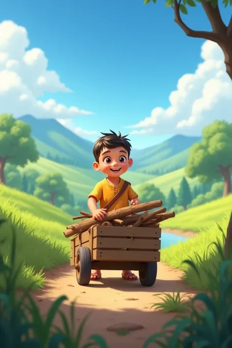  Here is an example of a promt for generating an image :

"Image of a boy,  carrying firewood on a small wooden wagon . The boy is dressed in simple clothes, but bright clothes ,  against the background of a beautiful rural landscape with green hills and b...