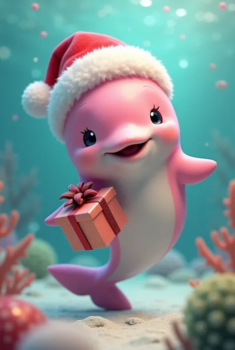 A cute looking pink dolphin wearing a red Santa Claus hat is holding a special gift box in his hand.